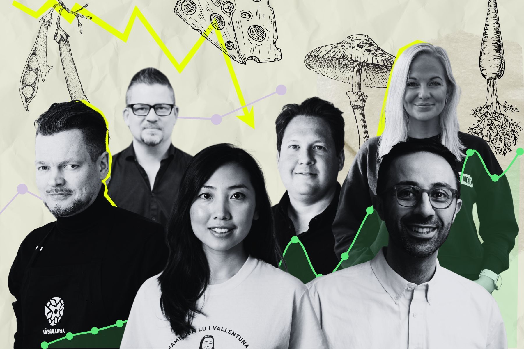 Oddgeir Hole, vd Färsodlarna, Christian Pettersson, vd Meal Makers, Joceline Lu, vd Nordic Green Food, Christopher Slim, vd Nicoya, Julia Granung, COO Peas of Heaven,Sorosh Tavakoli, vd Stockeld Dreamery. Grafik: Diana Demin, Impact Loop. Foto: pressbilder.