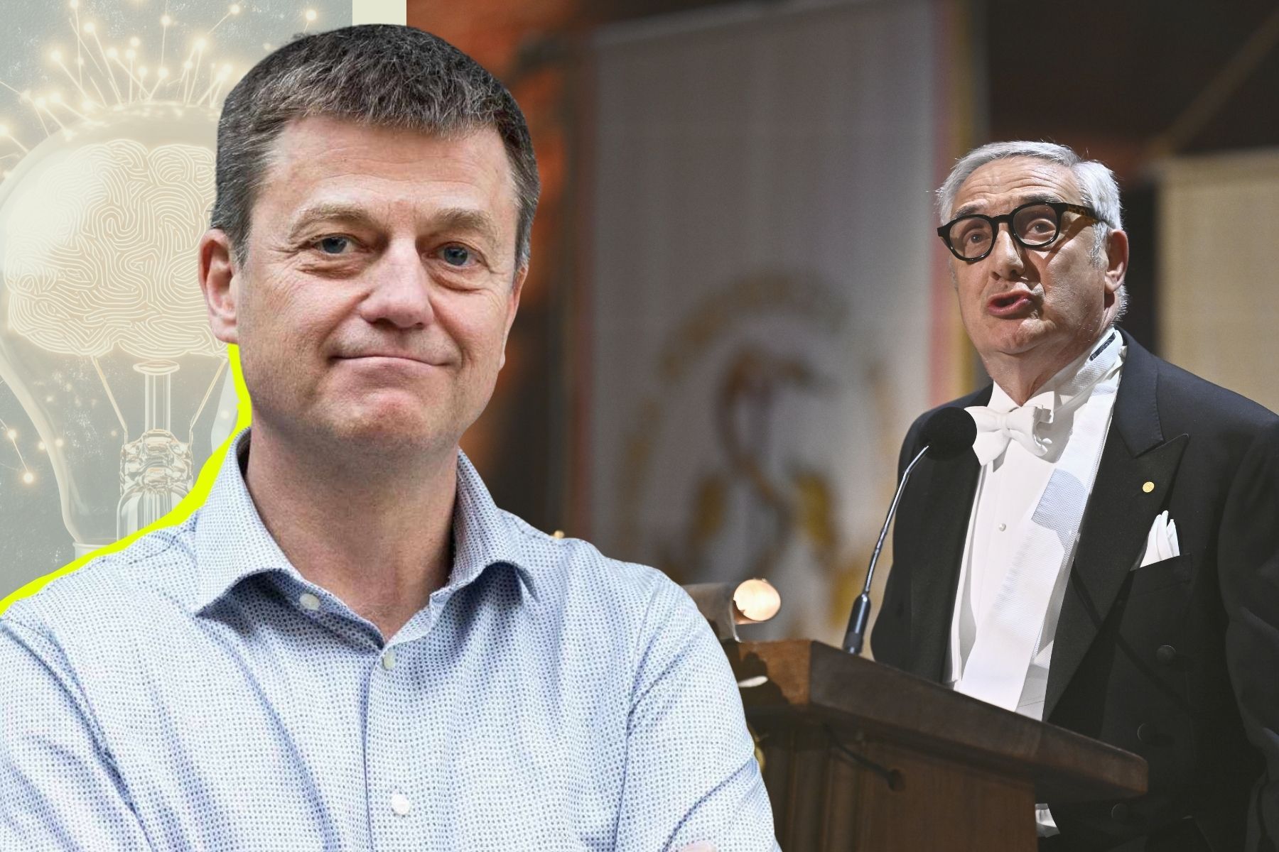 Fredrik Hånell och en av Nobelpristagarna i ekonomi: Joel Mokyr. Foto: Pressbilder/TT (montage).