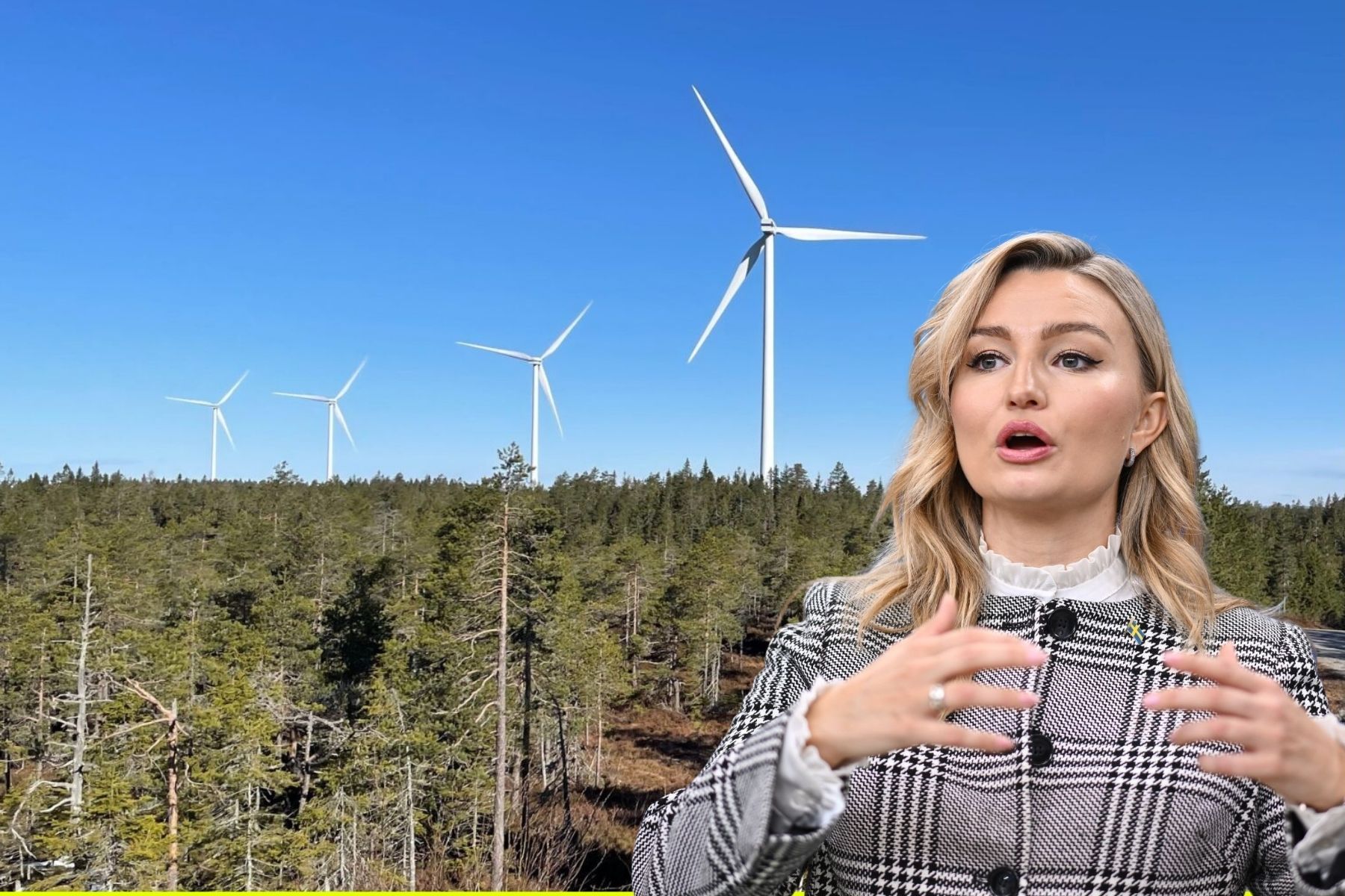 Energiminster Ebba Busch (KD) och regeringen har gett Energimyndigheten i uppdrag att dela ut vindkraftsstöd. Foto: Canva / TT (montage).