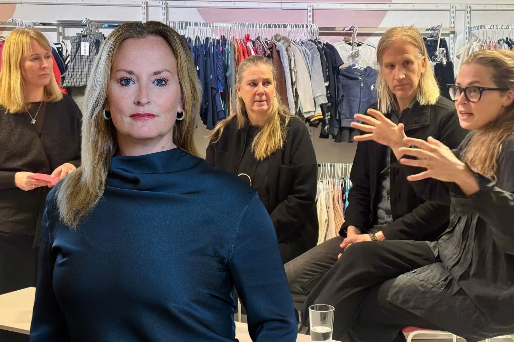 Maria Mikkonen på Svensk Handel. I bakgrunden: Bye Buys aktion för sänkt moms på begagnat. Foto: pressbild / Impact Loop.