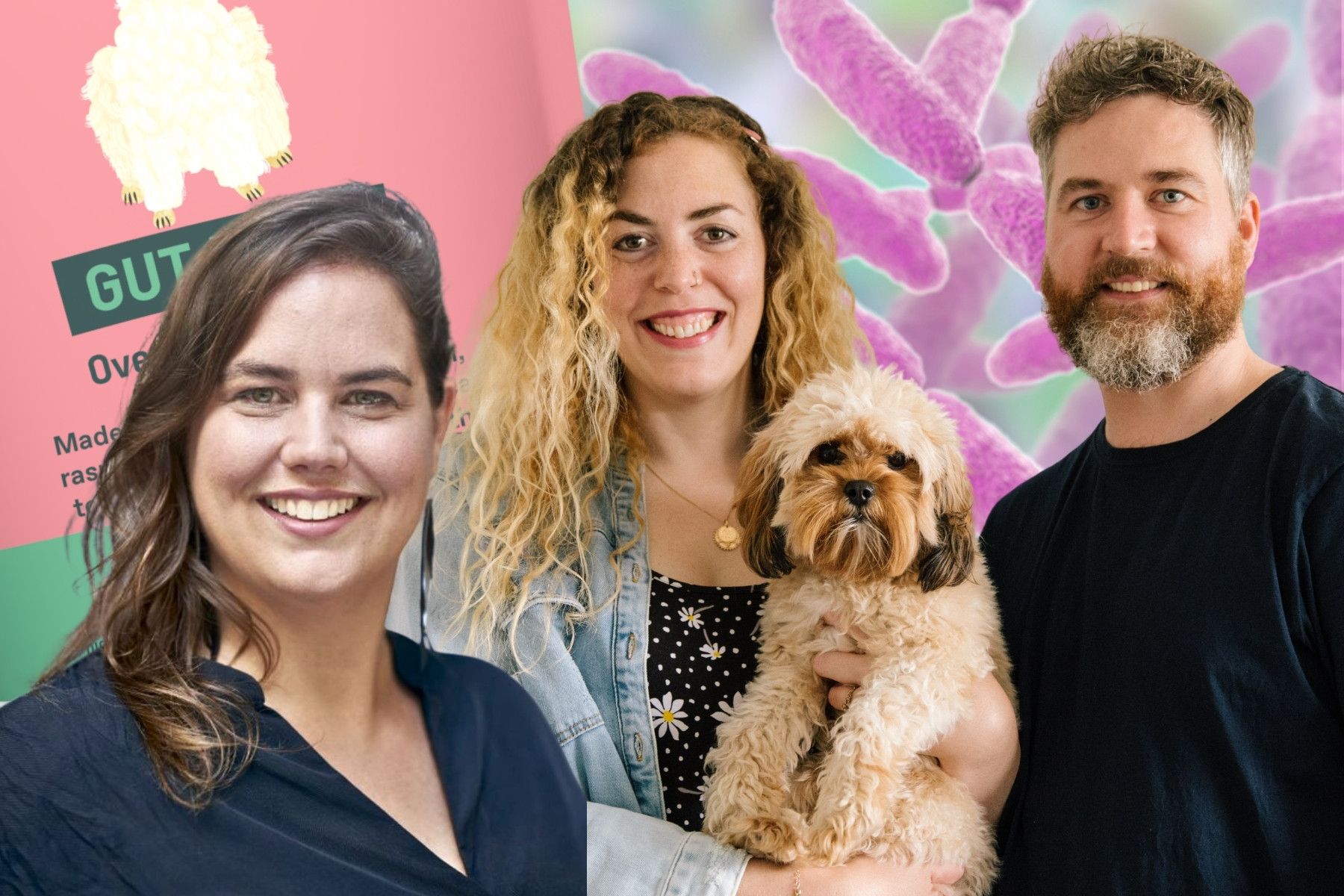 Microharvest CEO Katelijne Bekers (left), The Pack founders Judy Nadel (centre) and Damien Clarkson and their dog Blossom. Photos: press.