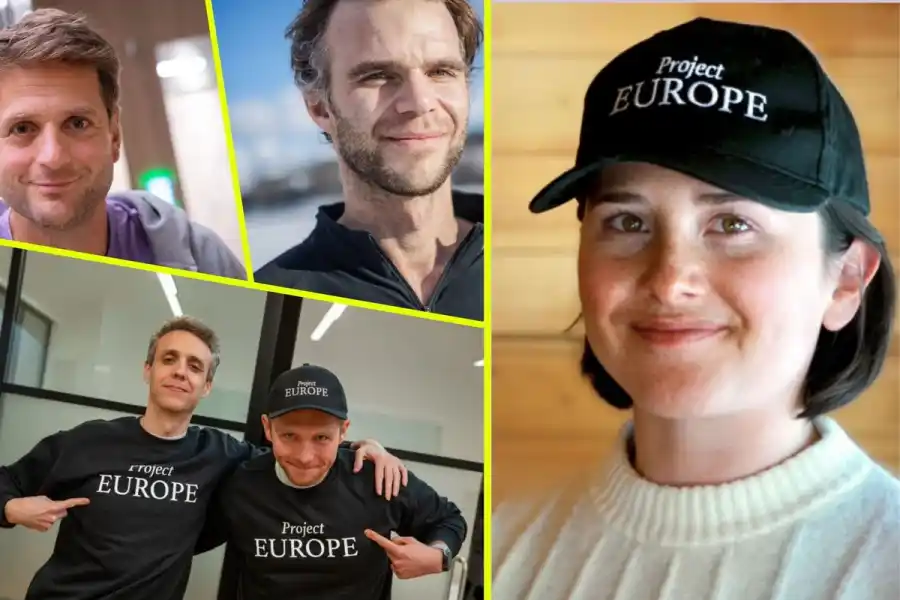 Kieran Hill, Harry Stebbings och Kitty Mayo på Team Europe (foto: pressbilder). I bakgrunden: Sebastian Siemiatkowski och Fredrik Hjelm (foto: Axel Hilleskog/TT och Stina Stjernkvist/TT).