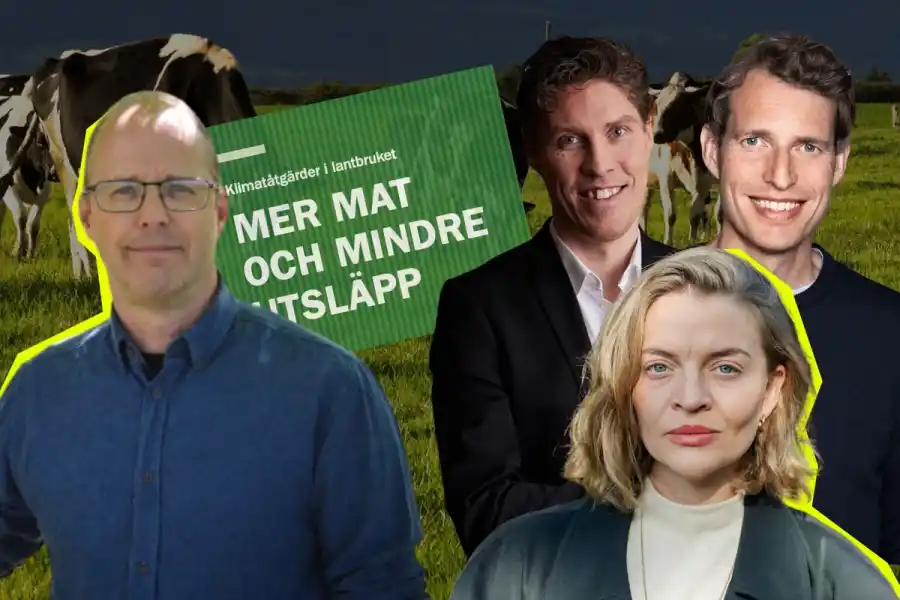 Markus Hoffman, LRF, Måns Ullerstam, grundare av Kale United, Gustaf Brandberg, partner på Gullspång Re:food, Olga Grönvall Lund, grundare av Reformaten. Foto: Pressbilder/TT. Grafik: Impact Loop.