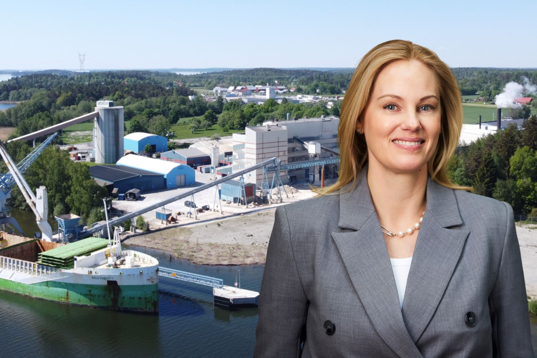 Annica Hagen och Gyproc-fabriken i Bålsta som är en del av Saint-Gobain. Foto: pressbilder (kollage)