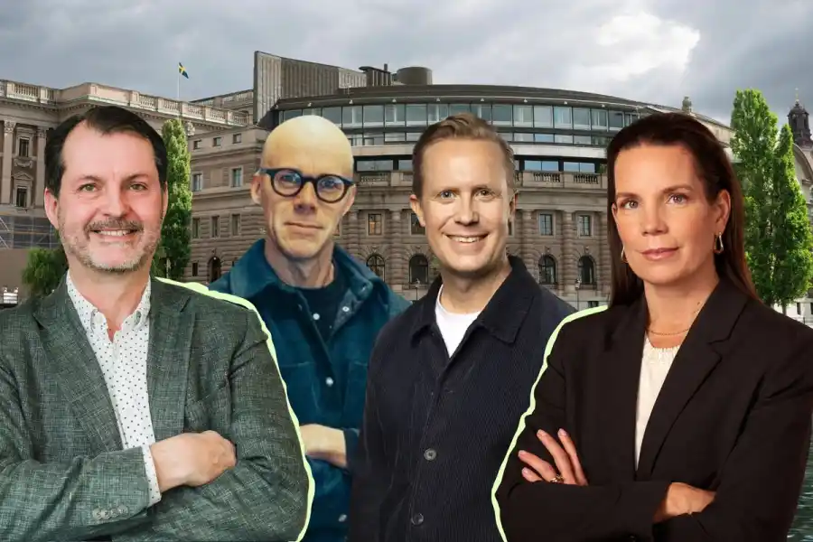 Stephan Ehrhardt (Centigo), Jonas Nyvang (Stilfold), Jonas Bergqvist (Almi Invest) och Maria Rosendahl (Teknikföretagen). Foto: Claudio Bresciani/TT / pressbilder (kollage)