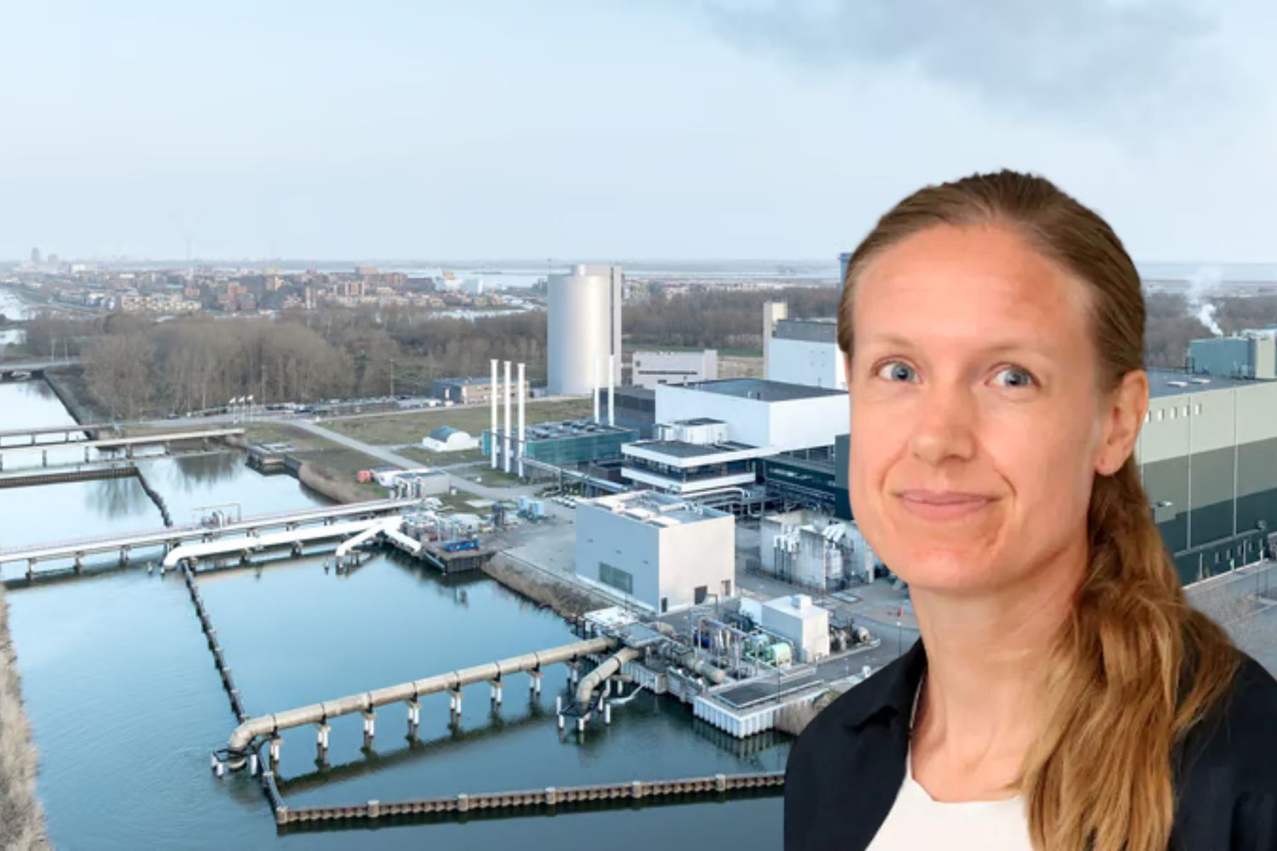 Lisa Göransson, professor i energiteknik vid Chalmers. I bakgrunden Vattenfalls "jättetermos" i Nederländerna. Foto: Pressbild / Vattenfall-Jorrit Lousberg (montage).