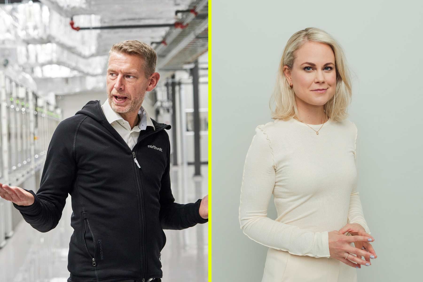 Peter Carlsson, vd och grundare av Northvolt, och Camilla Bergman, vd och grundare av Impact Loop. Foto: TT och Elisa Sanvito.