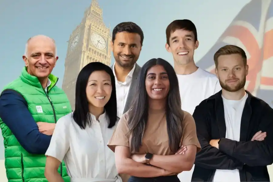 Some of the UK-based clean tech founders that raised big rounds in 2025. Names below. Credit: Press photos/Impact Loop mockup