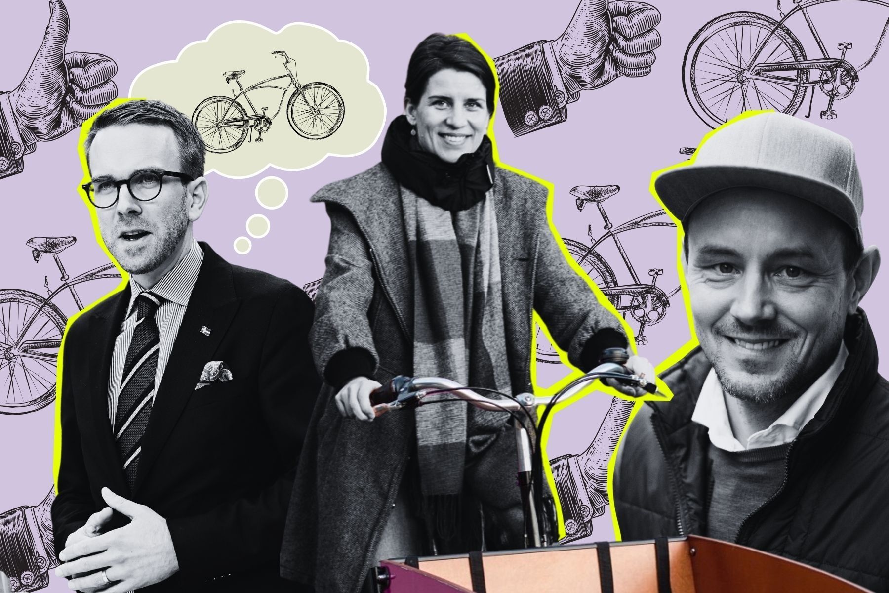 Andreas Carlson (Sveriges infrastrukturminister), Isabella Thöger (Cykelfrämjandet) med en Hövding runt halsen och Tomas Grönqvist (Mioo). Grafik: Diana Demin.