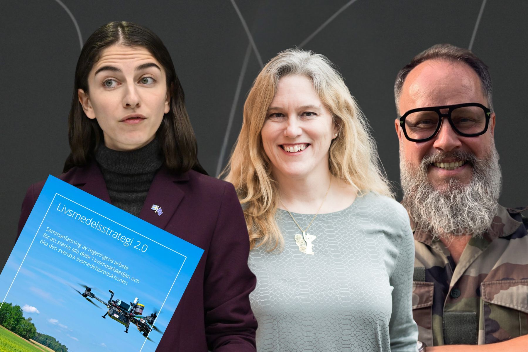 Klimat- och miljöminister Romina Pourmokhtari, Line Gordon, forskare och Johan Jörgensen, grundare av Sweden Foodtech. Foto: TT/pressbilder.