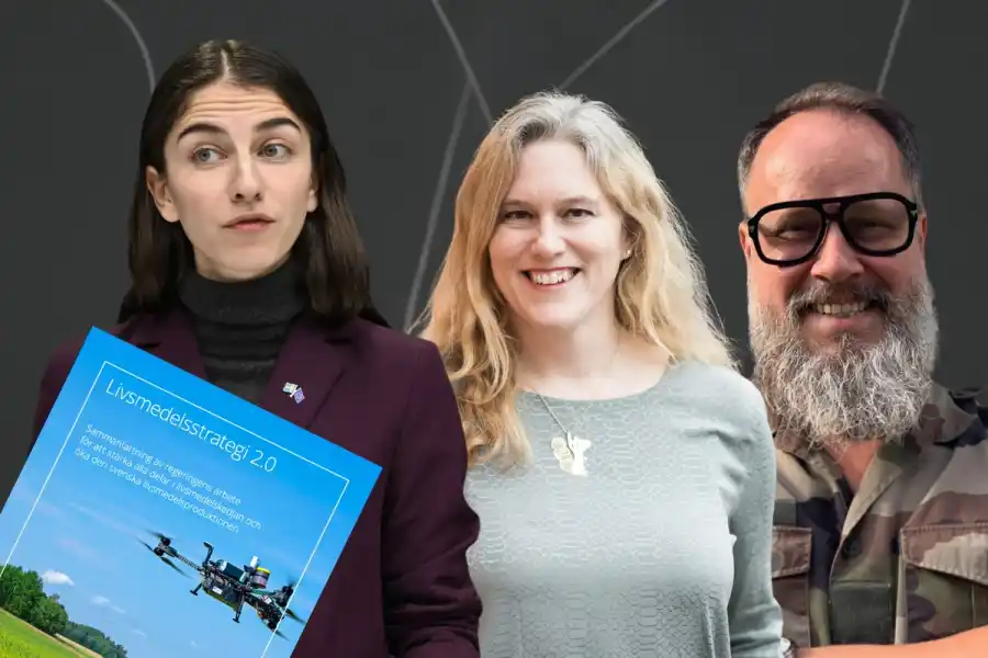 Klimat- och miljöminister Romina Pourmokhtari, Line Gordon, forskare och Johan Jörgensen, grundare av Sweden Foodtech. Foto: TT/pressbilder.