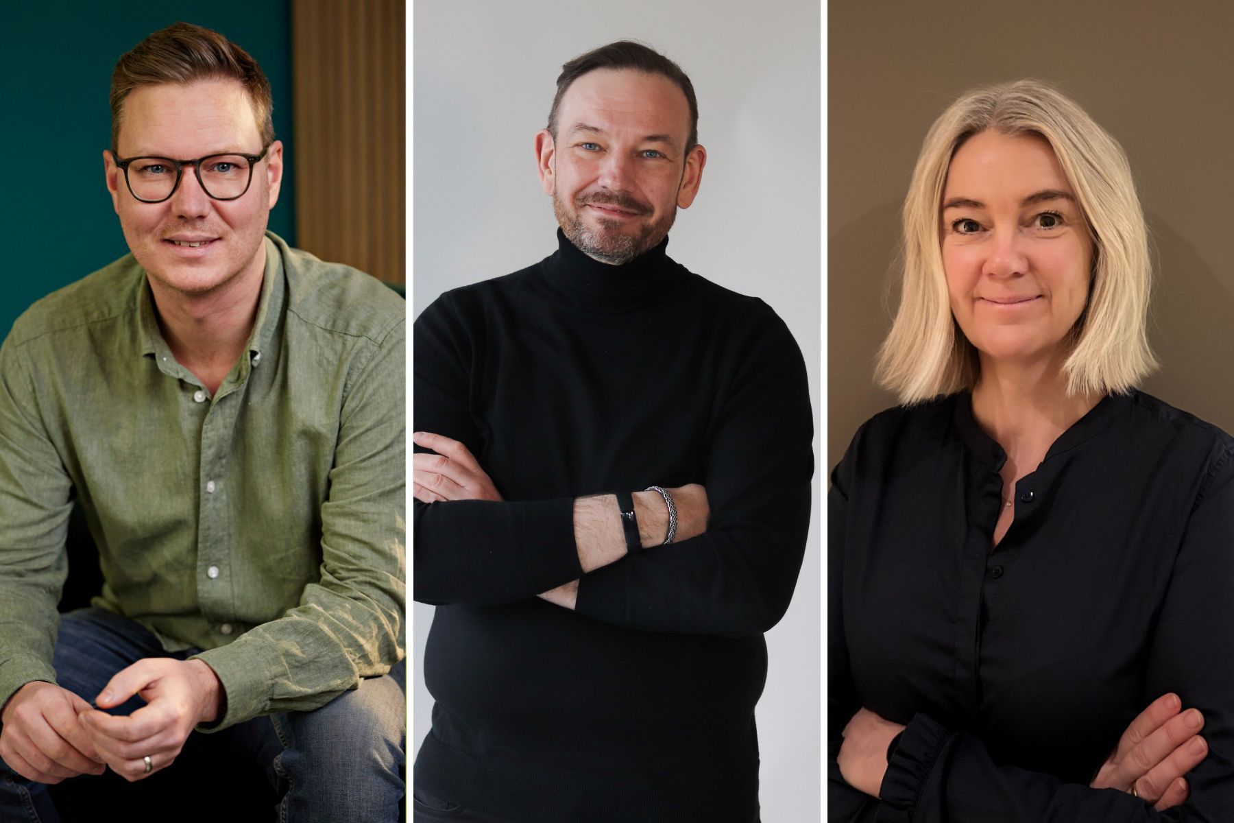 Grundare Daniel Lindén, ny produkt- och teknikchef, Mikael Söderberg och Therese Gjerde, ny handelschef. Foto: pressbilder.