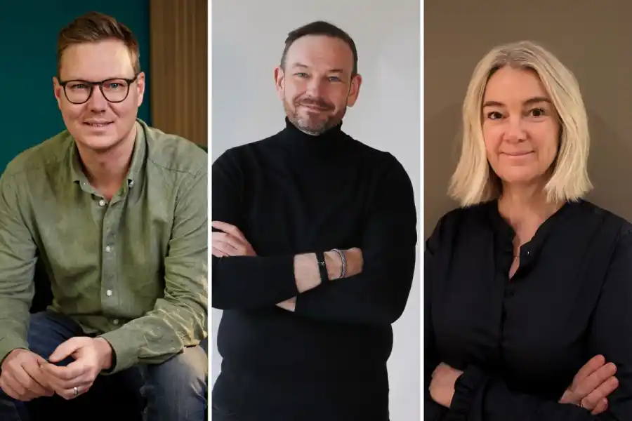 Grundare Daniel Lindén, ny produkt- och teknikchef, Mikael Söderberg och Therese Gjerde, ny handelschef. Foto: pressbilder.