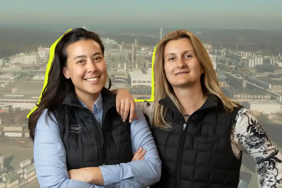Sarah Fleischer (CEO) and Dr. Ksenija Milicevic Neumann (CTO) with the Chemical Park Gendorf, Germany, in the background. Image supplied.