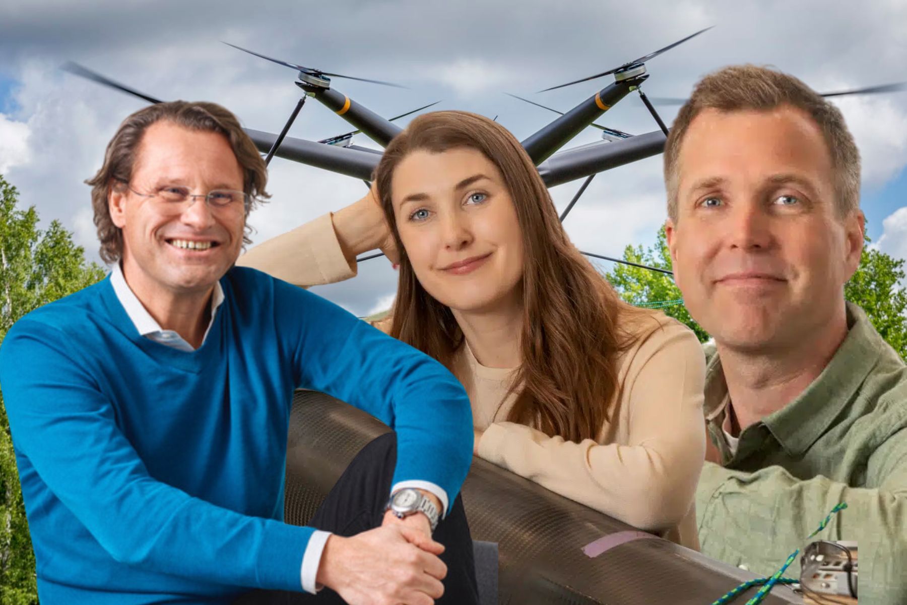Pär-Jörgen Pärson, general partner på Northzone, Caroline Walerud, grundare och arbetande styrelseordförande i AirForestry, Olle Gelin, vd på Airforestry. Foto: pressbilder.