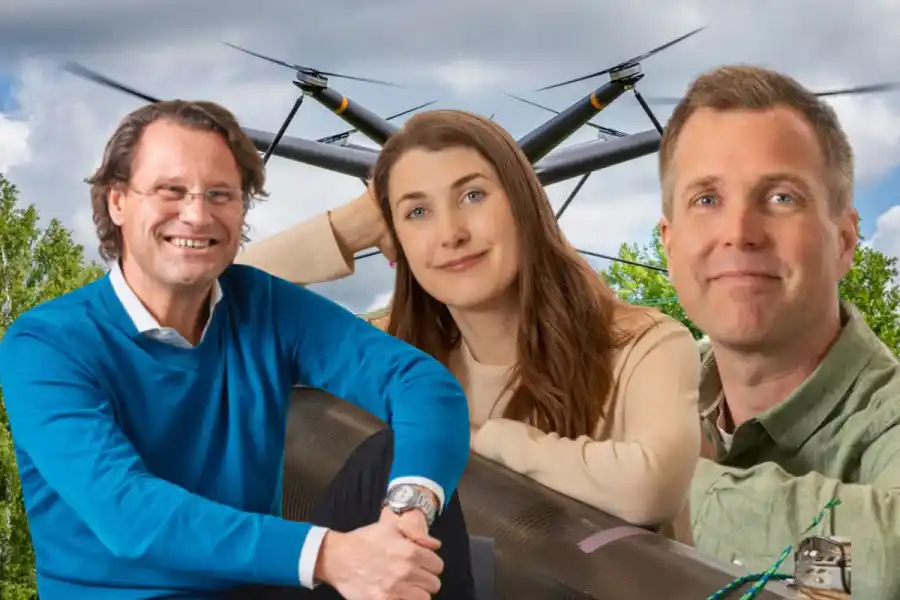 Pär-Jörgen Pärson, general partner på Northzone, Caroline Walerud, grundare och arbetande styrelseordförande i AirForestry, Olle Gelin, vd på Airforestry. Foto: pressbilder.