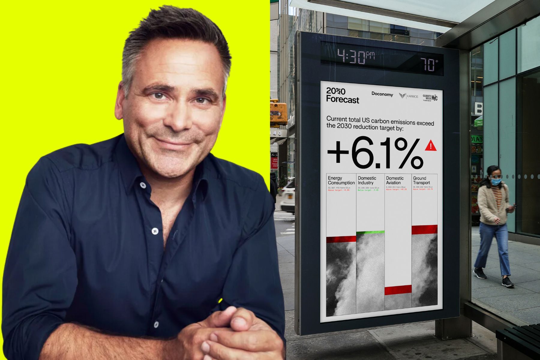 Mathias Wikström, vd Doconomy, samt billboard i New York. Pressbilder.