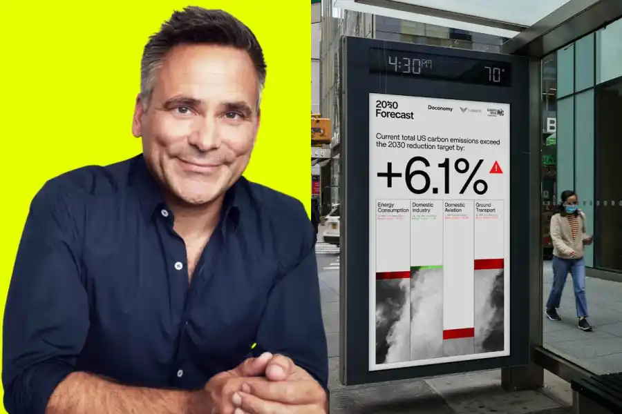 Mathias Wikström, vd Doconomy, samt billboard i New York. Pressbilder.