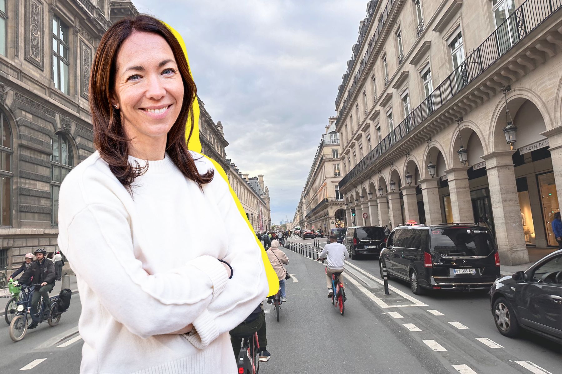 Impact Loops reporter Jenny Kjellén och Rue de Rivoli i Paris. Foto: Jenny Kjellén.