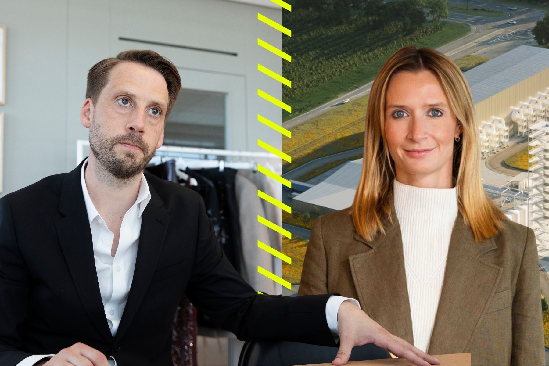 H&Ms vd Daniel Ervér (foto Mickan Mörk/TT) och Laura Coppen, H&M Group Ventures (pressbild). I bakgrunden skiss på Heirlooms anläggning.