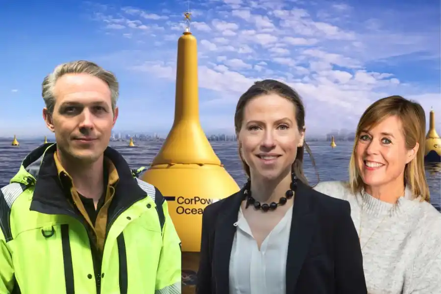 Patrik Möller, Catharina Belfrage Sahlstrand och Linda Nyberg på Corpower Ocean. Pressbilder (montage).