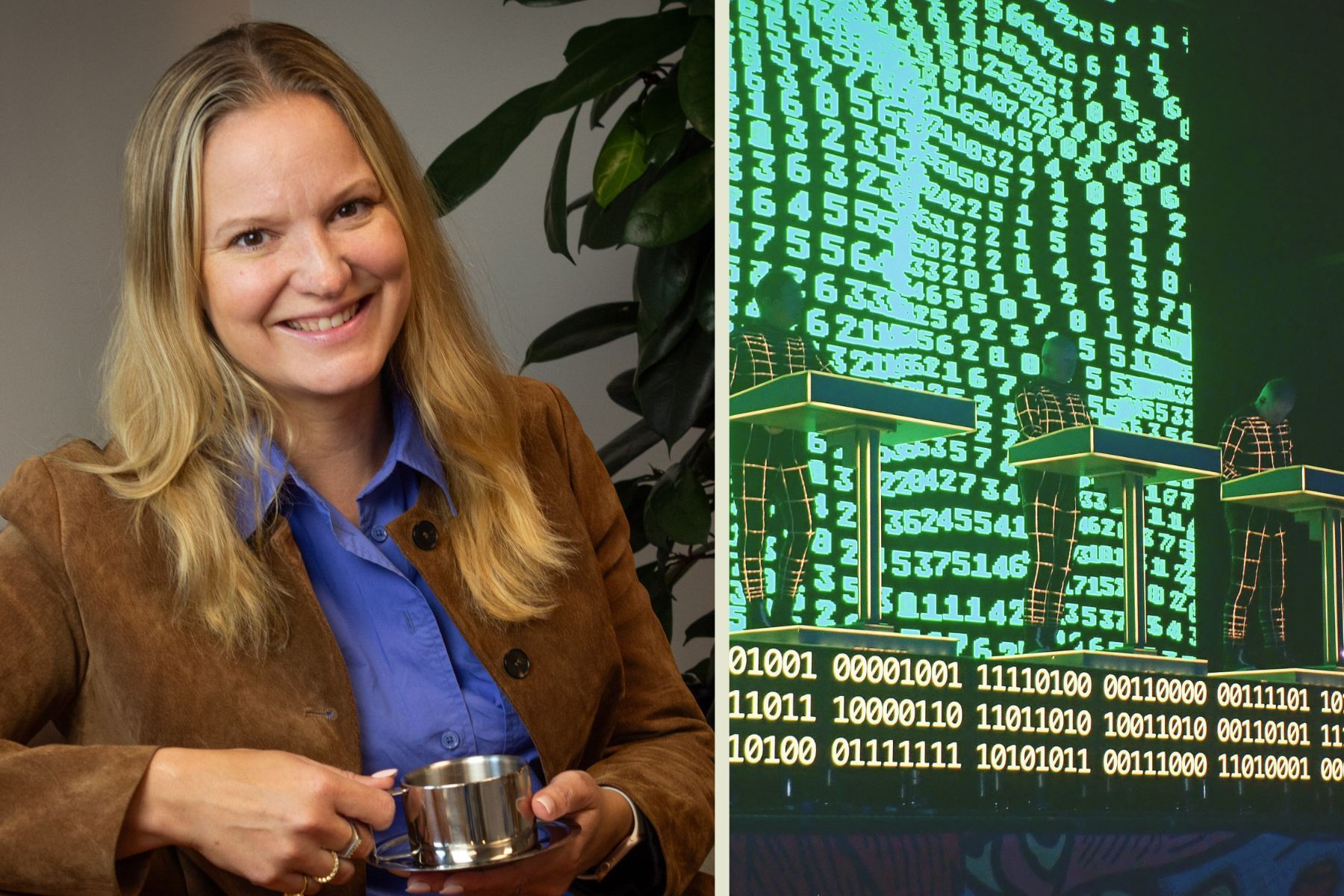 Thérèse Burman, regulatorisk chef på Blykalla. Till höger bandet Kraftwerk. Foto: Privat / TT.