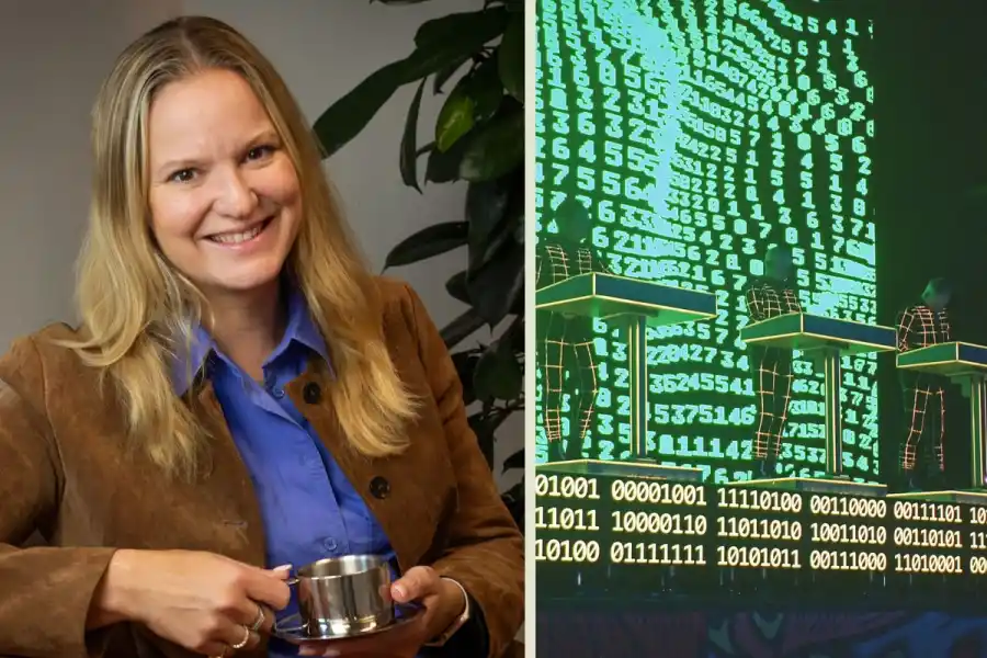 Thérèse Burman, regulatorisk chef på Blykalla. Till höger bandet Kraftwerk. Foto: Privat / TT.