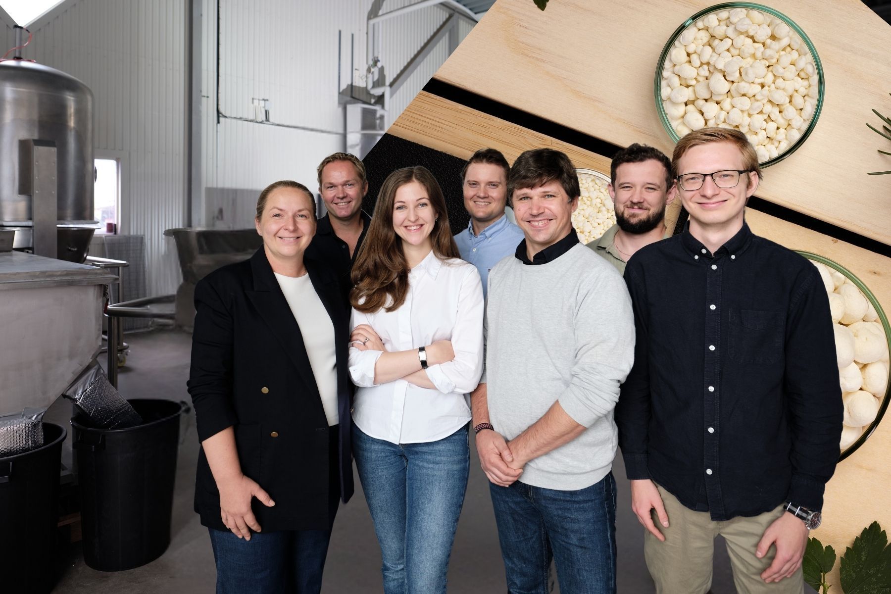 Kinga Grenda, medgrundare, Christian Löfvendahl, medgrundare, Hanna Munge, medgrundare, Edwin Eliasson, produktionschef, Romain Bordes, medgrundare, Przemyslaw Strachowski, utvecklingschef och Eric Moilanen, kundansvarig på Adsorbi. Foto: Pressbilder.