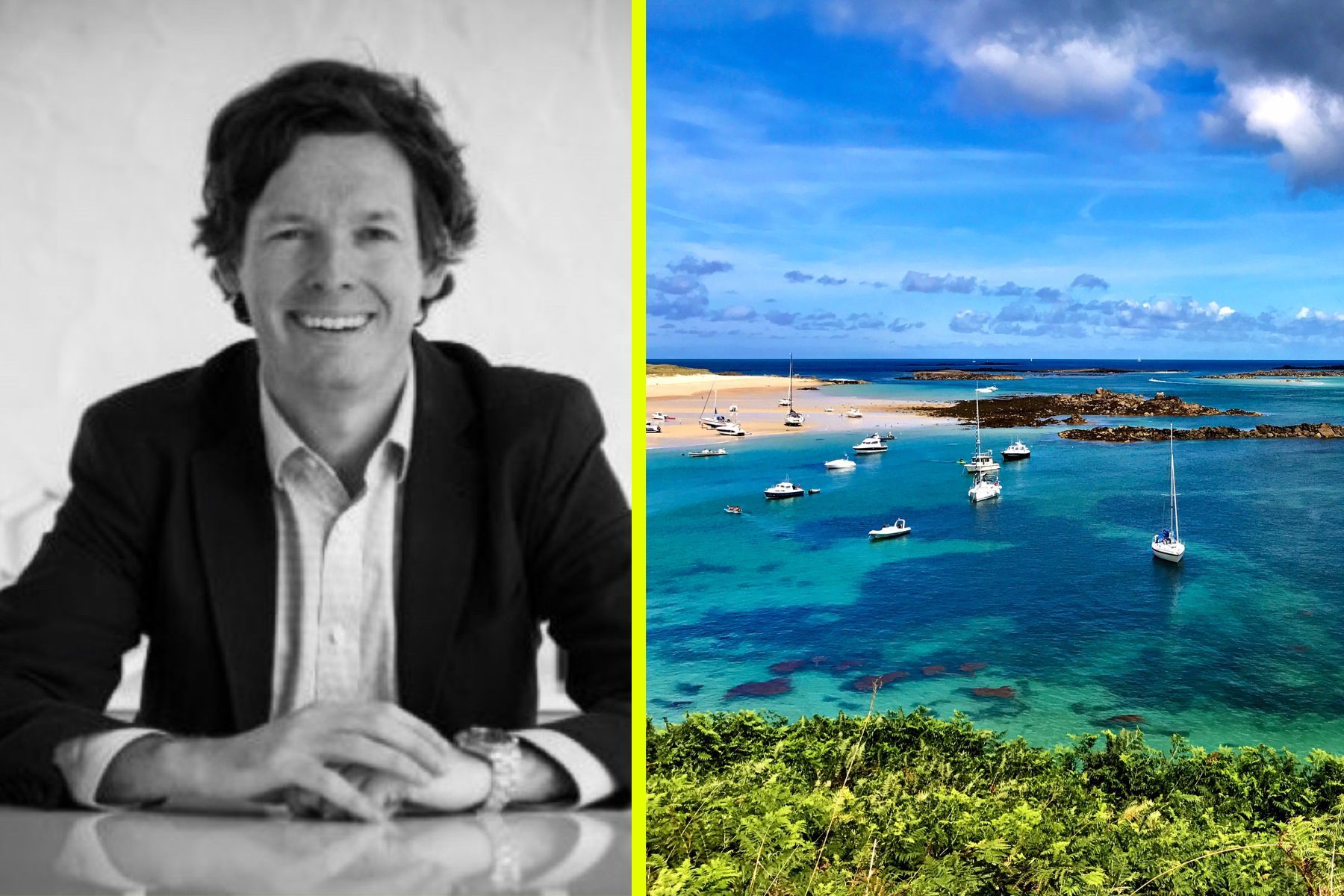 Justin Sykes, founder of InnoVest and director at the Fund Foundry, with an image of the Guernsey coast. Press photo/Image Loop design