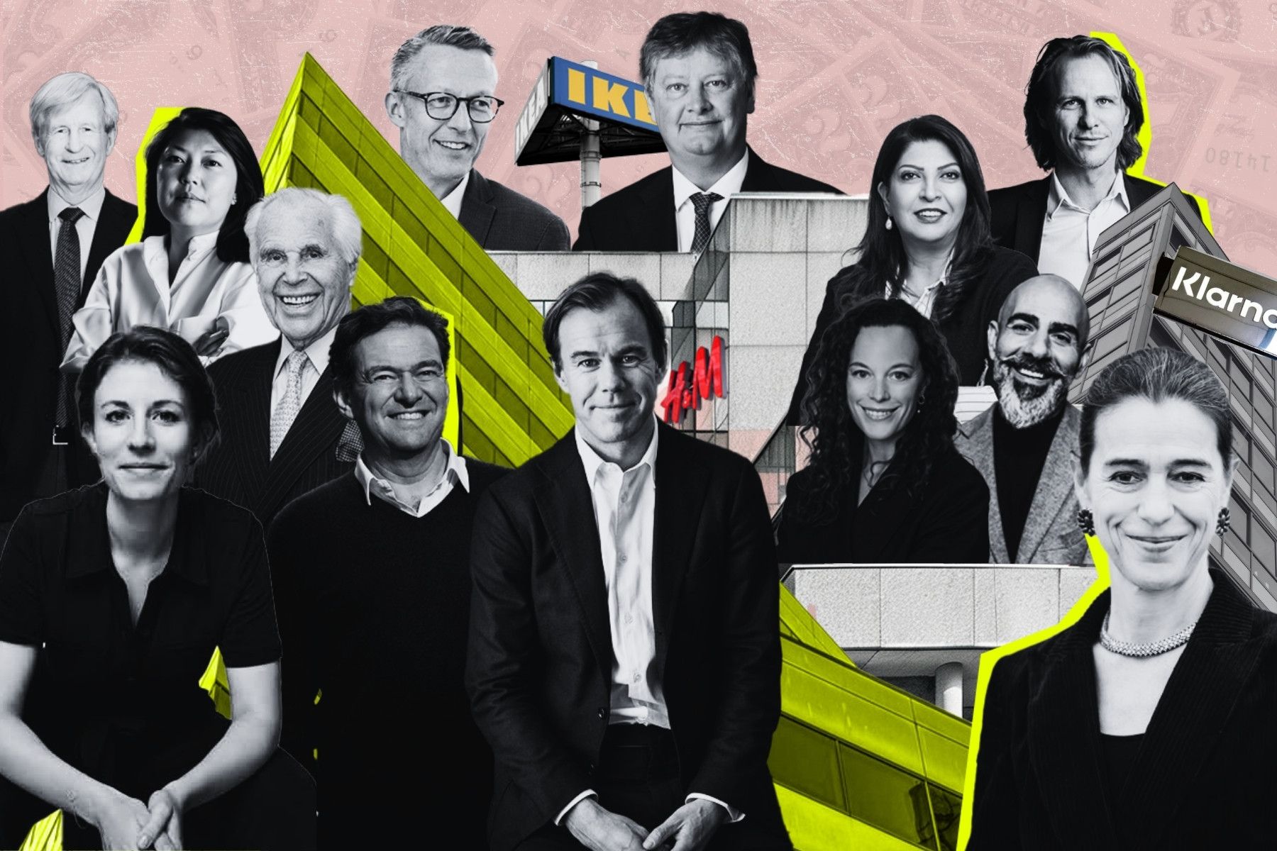 Några av personerna bakom family office-bolagen i Impact Loops databas. Foto: Press och grafik av Impact Loop.