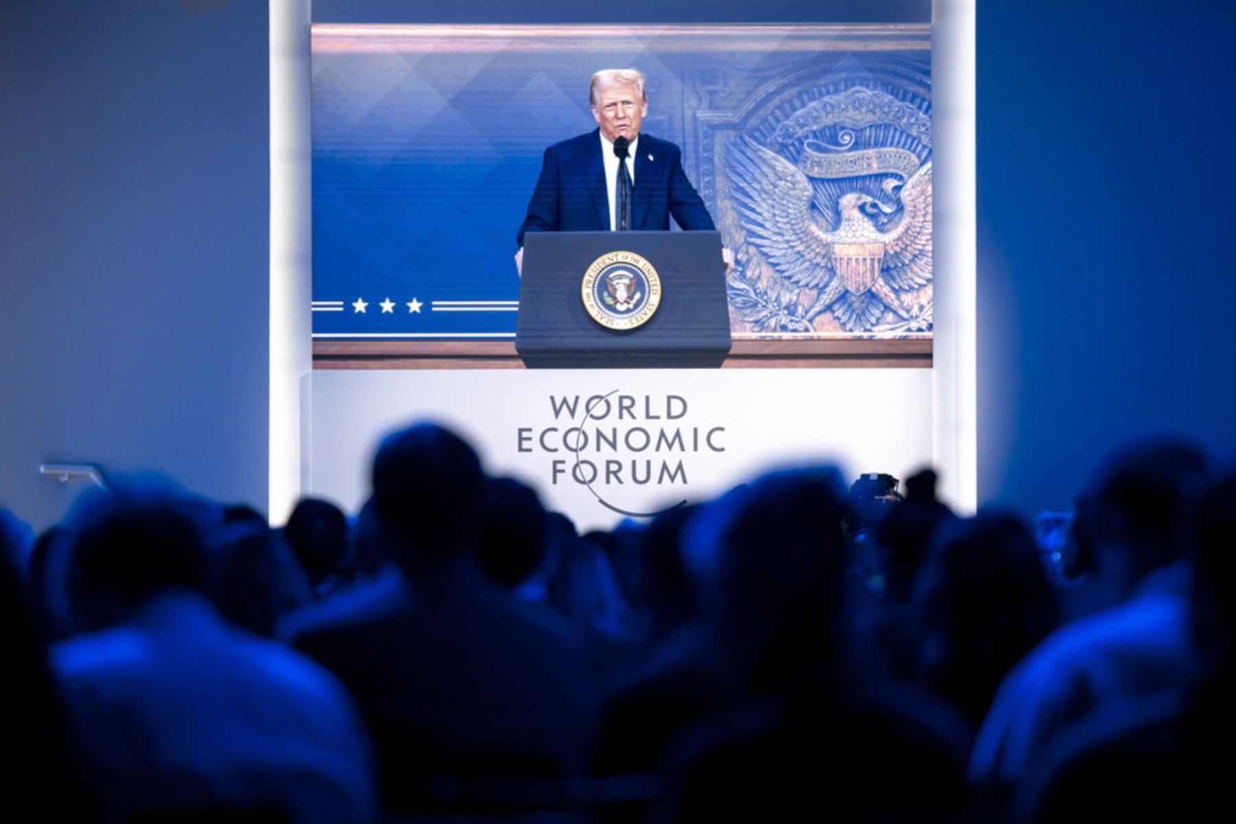 Donald Trump via video call at WEF 2025. Credit: MICHAEL BUHOLZER/TT