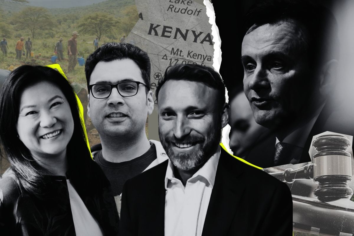 Chau Duncan, Rishabh Khanna och Tom Duncan, med AstraZenecas vd Pascal Soriot i bakgrunden. Foto: Pressbilder/TT.