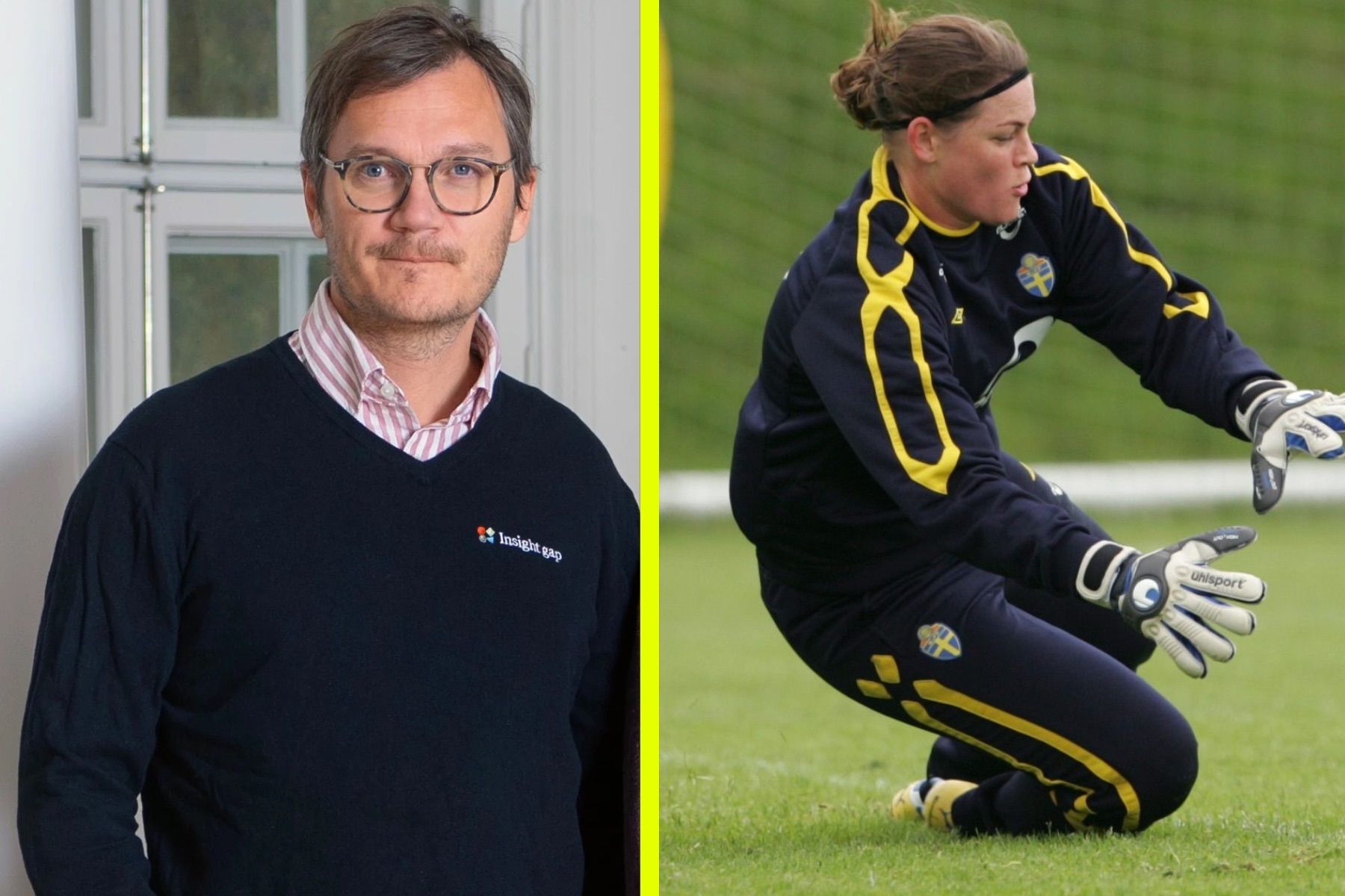 Joakim Blomqvist, vd och medgrundare på Insightgap och medgrundaren Caroline Jönsson, när hon spelade i fotbollslandslaget. Foto: pressbild / TT.