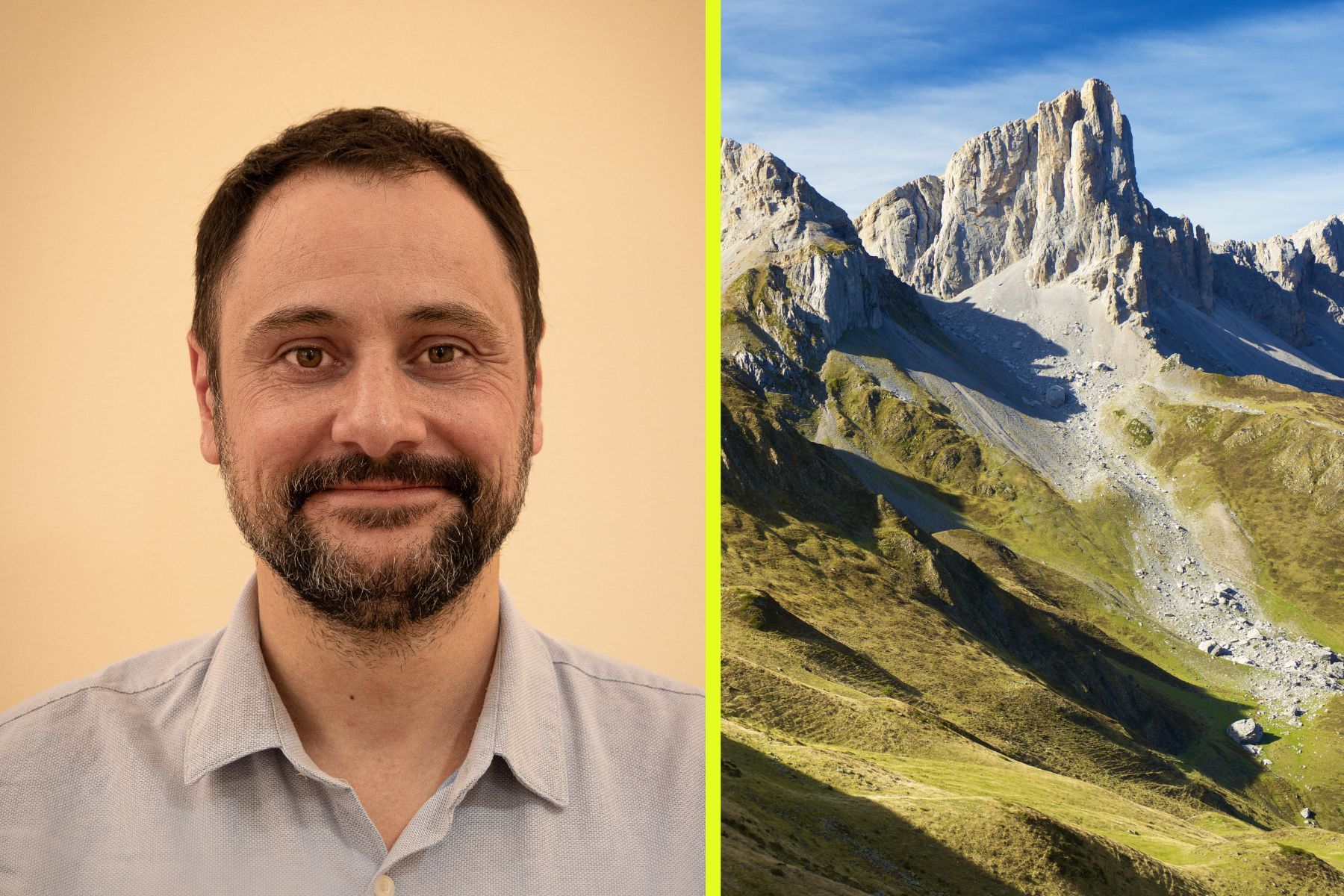 Emmanuel Masini, CEO, Mantle8 and an image of the Pyrenees mountain range. Press photo