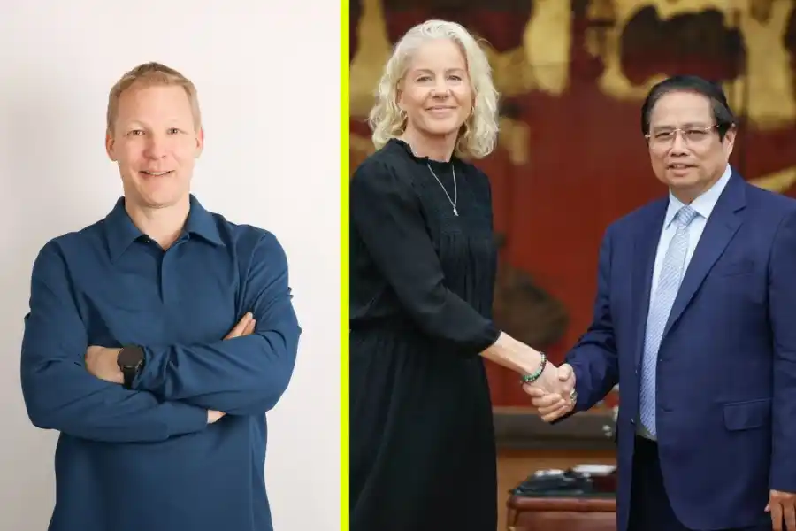 Dennis Nobelius, vd för Syre, Susanna Campbell, styrelseledamot på Syre och Vietnams president Pham Minh Chinh. Foto: pressbilder.