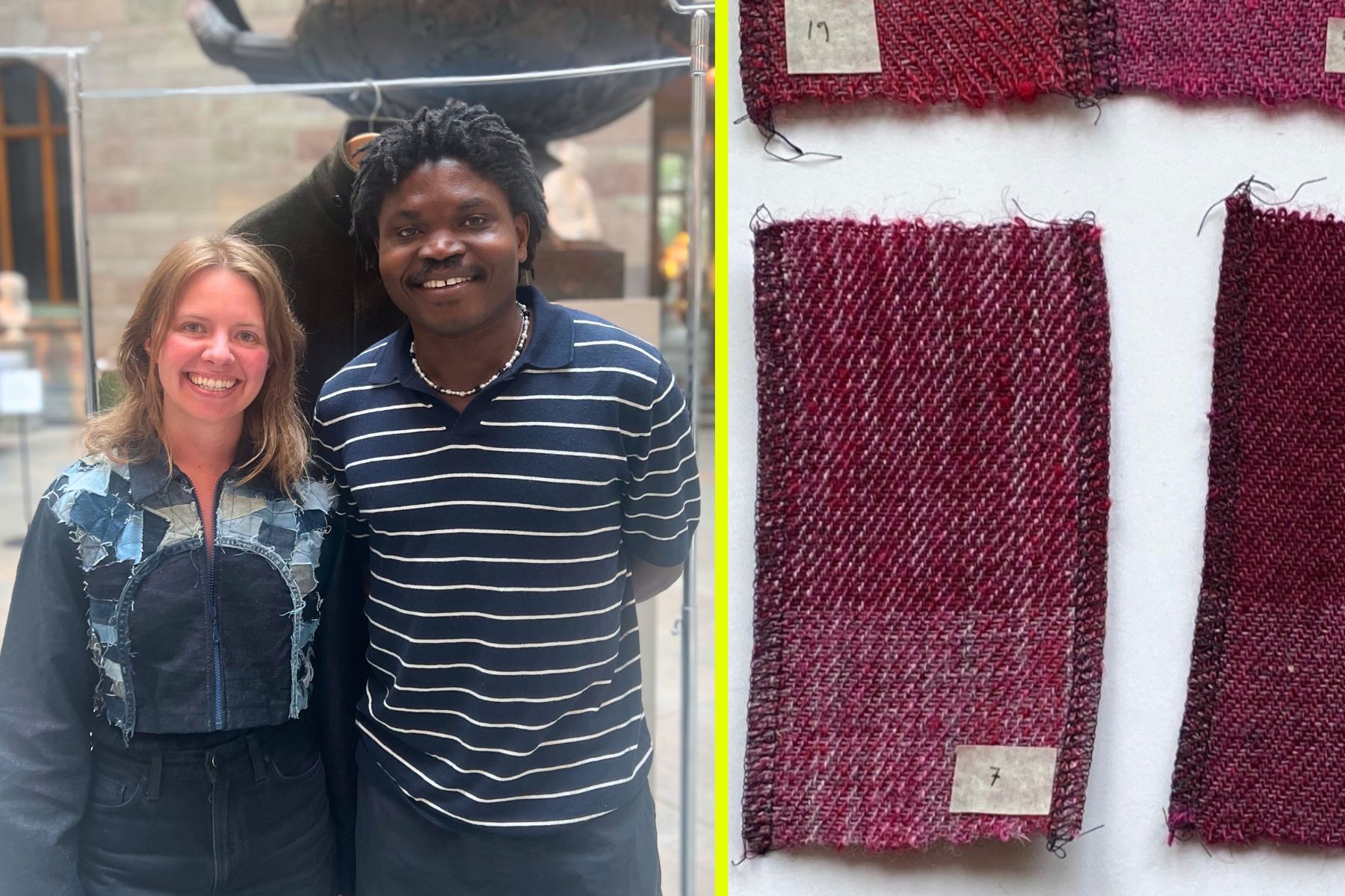 Rebecca Josefsson Ulvling, grundare av Swedish Textile och Kevin Mukuri, en designer som tagit fram en yllerock på Swedish Textiles ull. Foto: Johann Bernövall / pressbild.