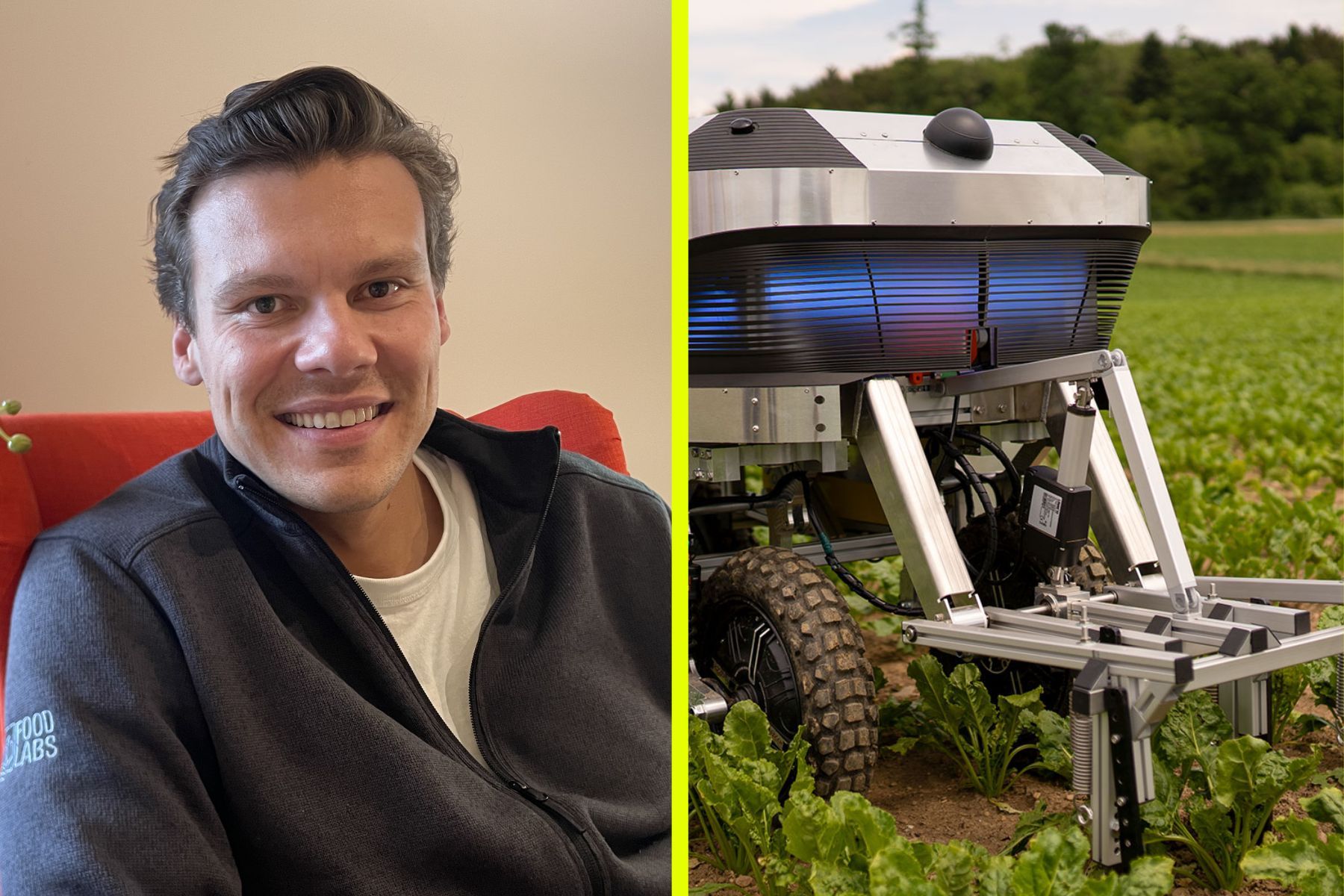 Julius Strauss, investment principal at Foodlabs (left), and a weeding robot. Image credits: Siôn Lawrence-Geschwindt/ETH Zurich