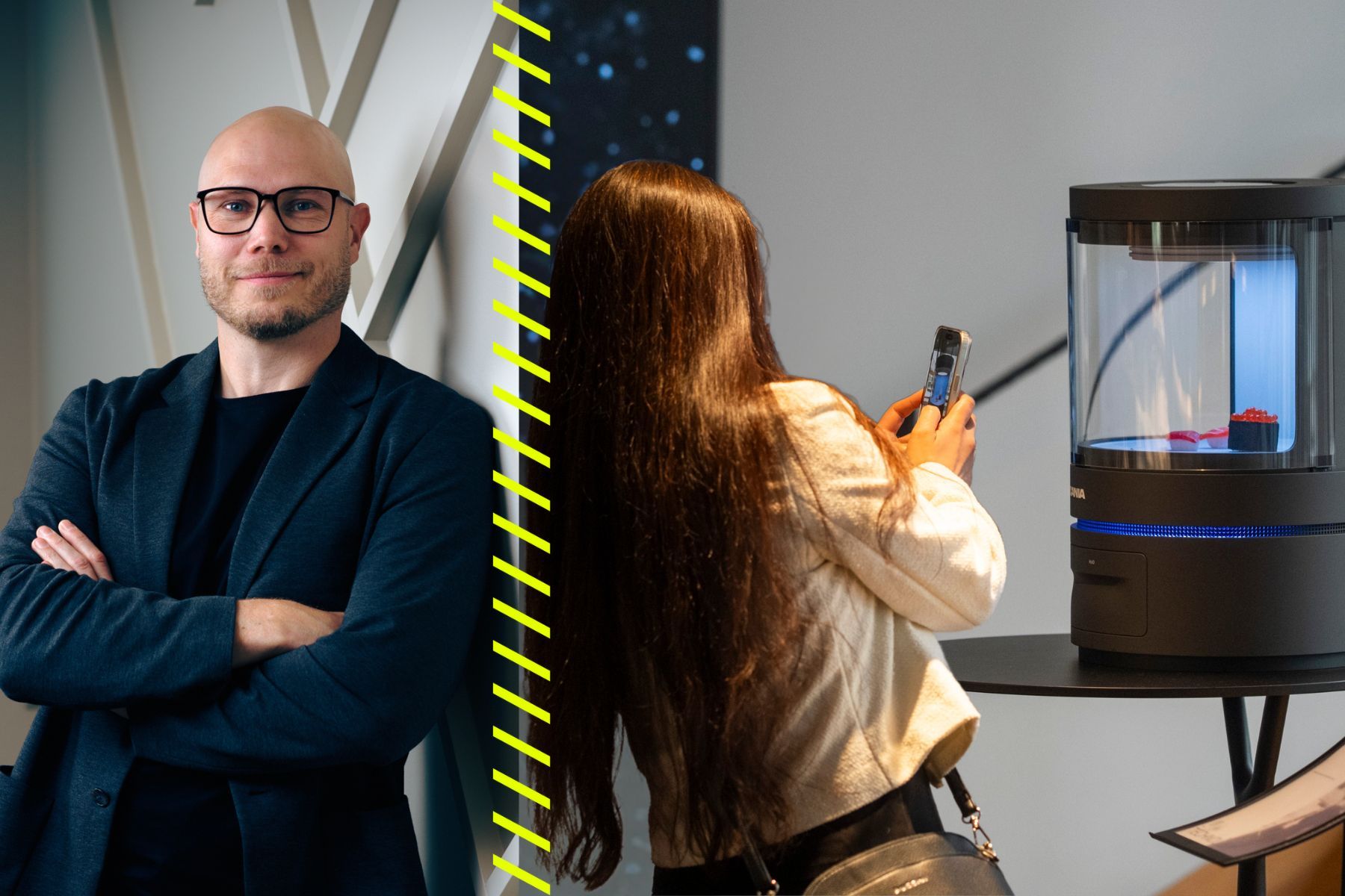 Marcus Åström på Scania och deras CORAL – ett visionärt kökskoncept som omvandlar luft, vatten och hushållsavfall till mat. Foto: Pressbilder.