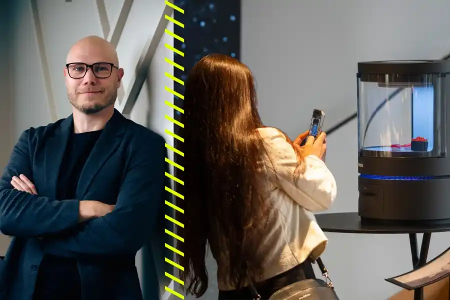 Marcus Åström på Scania och deras CORAL – ett visionärt kökskoncept som omvandlar luft, vatten och hushållsavfall till mat. Foto: Pressbilder.