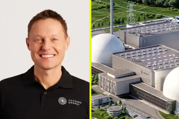 Focused Energy CEO Thomas Forner and a 3D render of its planned fusion power plant in Biblis, near Frankfurt, Germany. Press photos