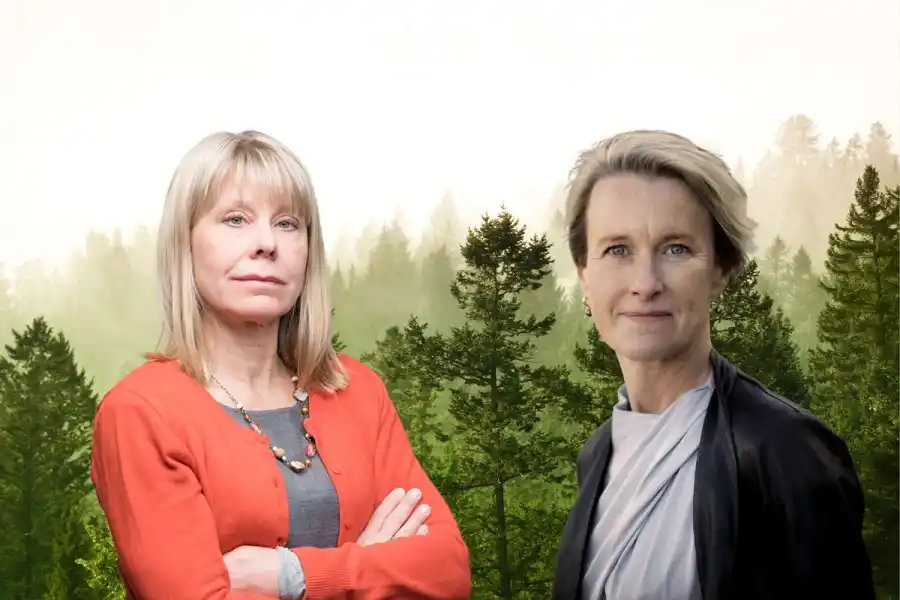 Karin Lexén (Naturskyddsföreningen) och Viveka Beckeman (Skogsindustrierna) kritiserar Sveriges plan för naturrestaurering. Foto: Pressbilder / Canva (montage).