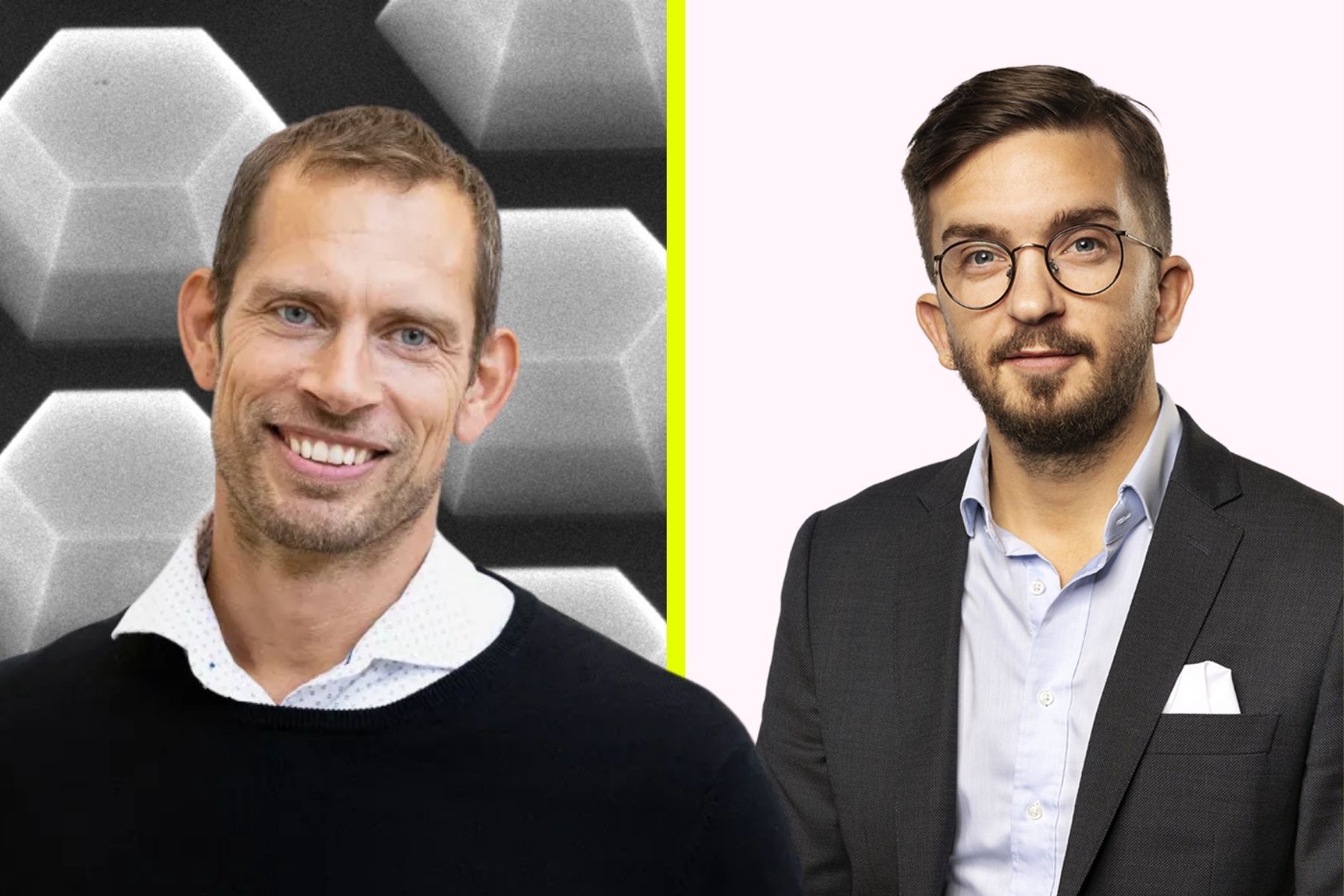 Mikael Björk, vd på Hexagem, och Jonatahn Lannö på Almi Invest Greentech. Foto: Pressbilder (montage).