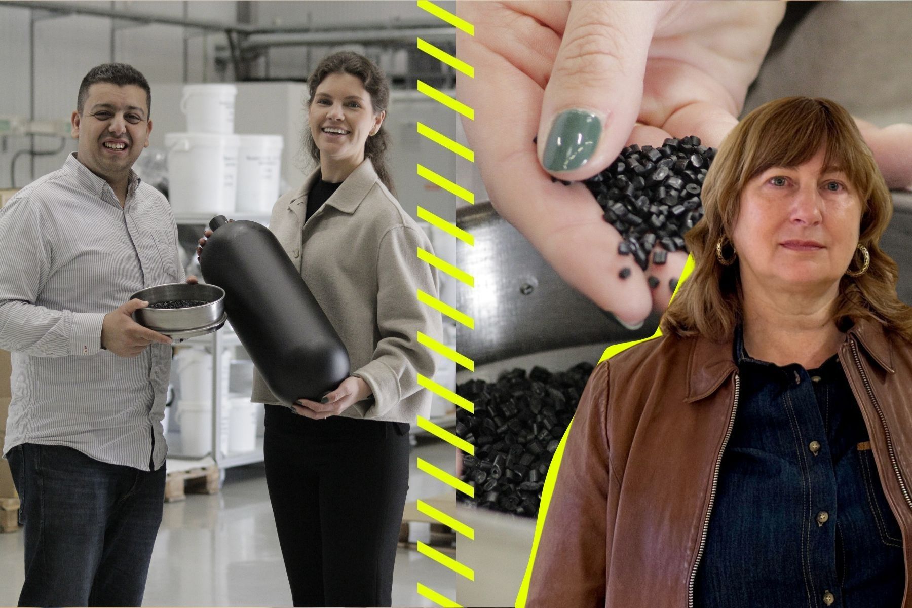 Processingenjör Amine Zouaui och vd Olivia Nestius i Graphmatechs produktionsanläggning i Uppsala. Till höger Jane Walrud. Foto: Pressbilder / Andreas Jennische.