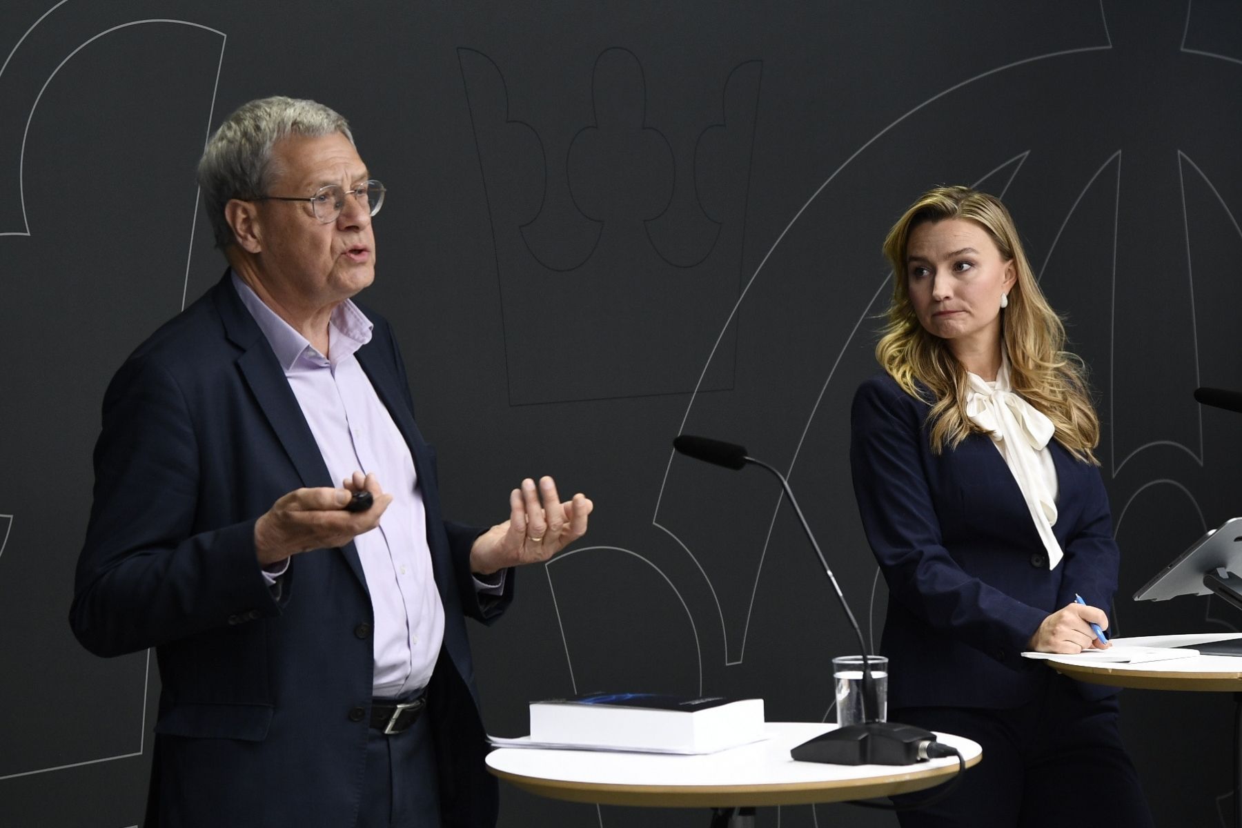 Den särskilda utredaren Bo Diczfalusy lämnar över elmarknadsutredningens betänkande till energi- och näringsminister Ebba Busch (KD). Foto: Lars Schröder/TT.