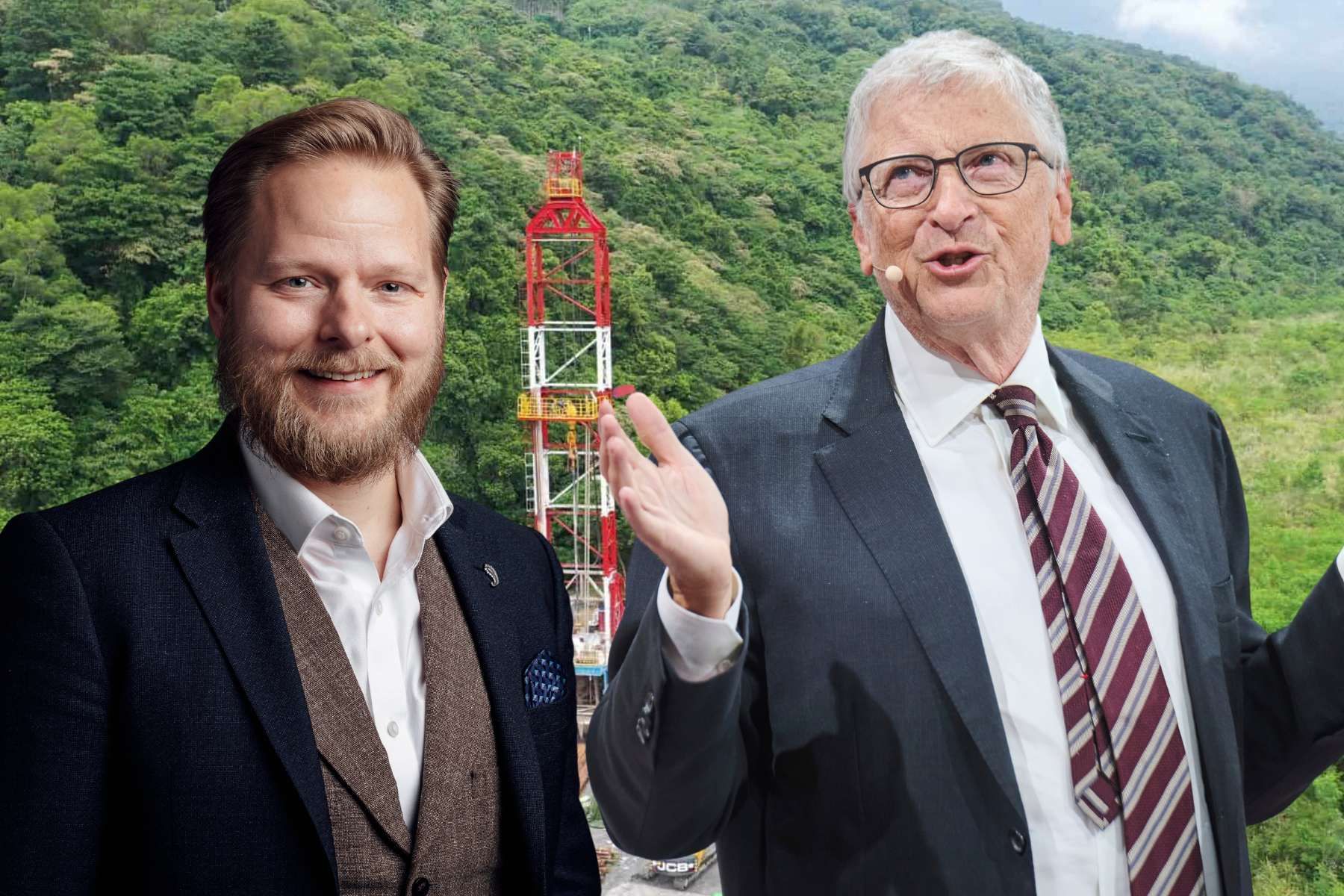 Alexander Helling, vd och grundare av Baseload Capital, Bill Gates (foto AP/TT) och i bakgrunden en av Baseloads anläggningar i Taiwan. Pressfoton.