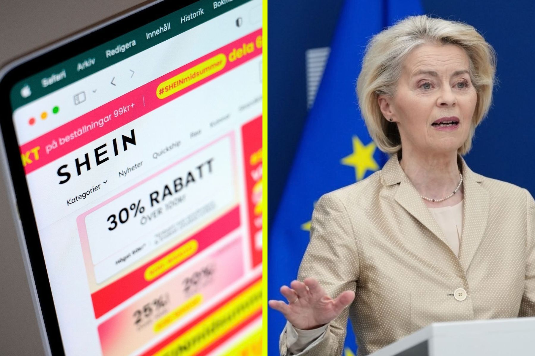 Nya EU-regler hämmar importen från Shein och Temu. Till höger EU-toppen Ursula von der Leyen. Foto: TT.