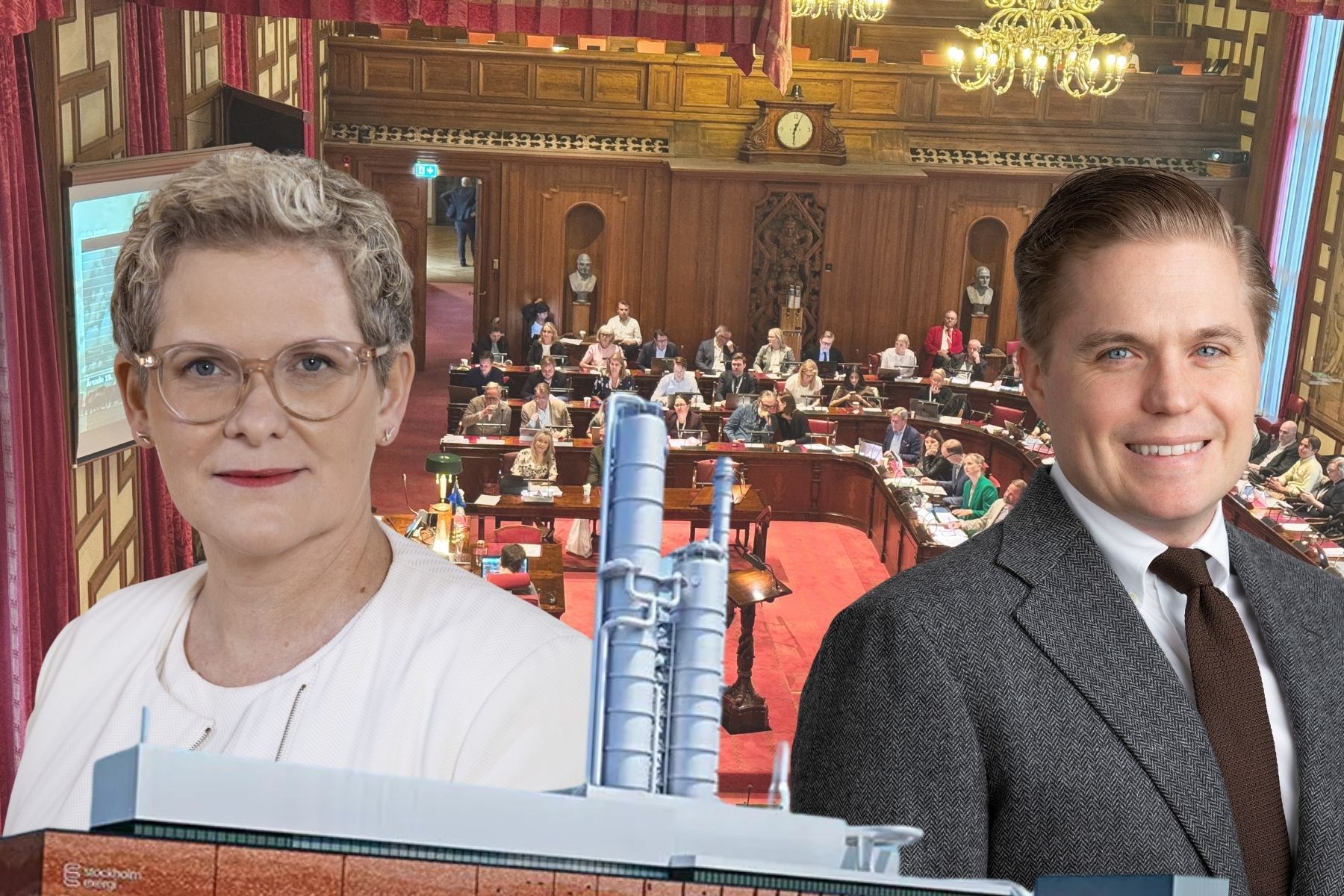 Stockholms stads finansborgarråd Karin Wanngård (S) och Per Rosencrantz (M), i Stockhoms kommunfullmäktige. Foto: Andreas Jennische / pressbilder (montage).