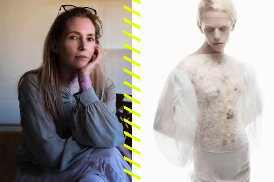 Textilkonstnären Linda Nurk och hennes dräkt av råsilke och inbäddade kronblad. Foto: Pressbild/Victor Celis