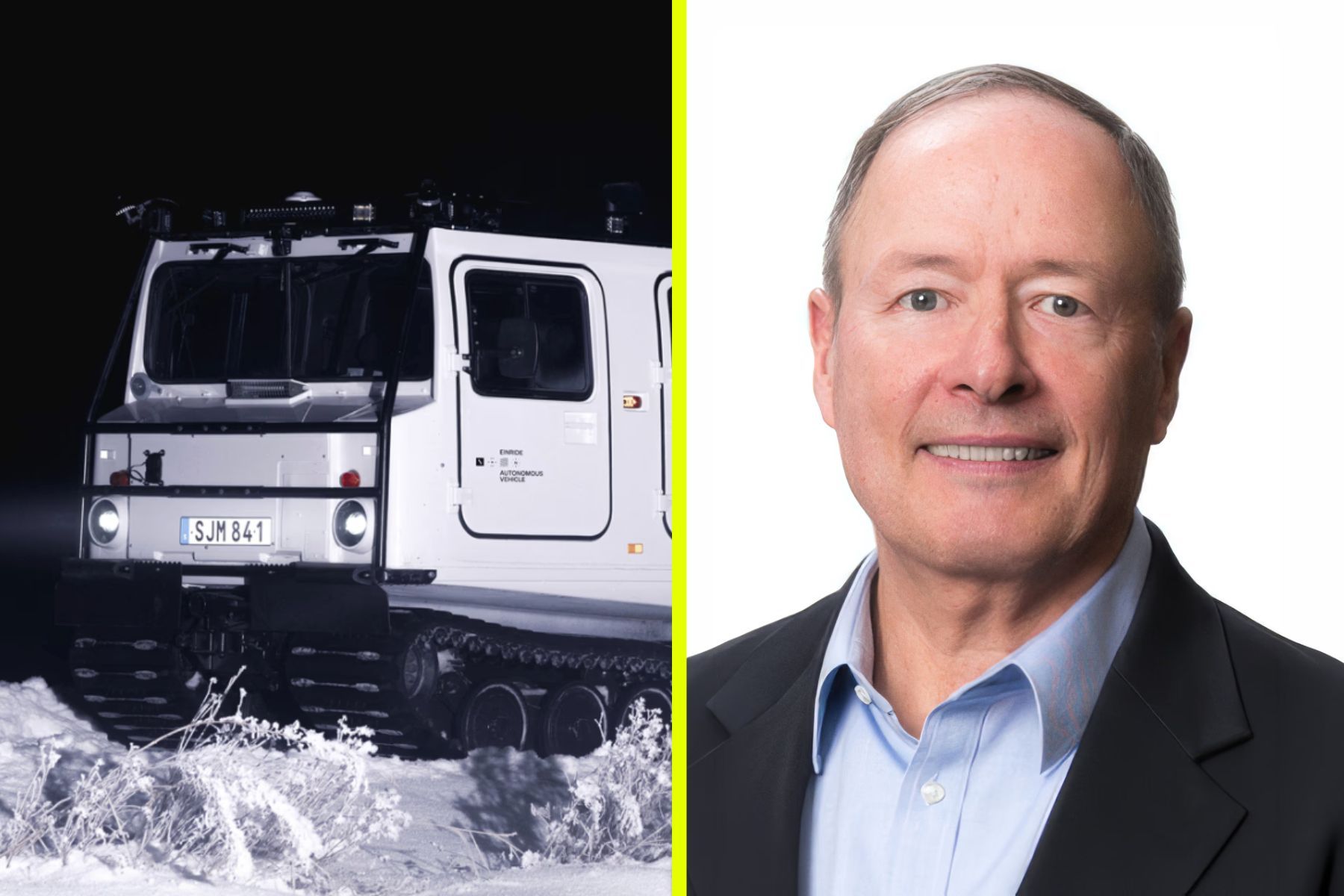 Retired General Keith B. Alexander with a defence vehicle retrofitted with Einride's technology. Press photos/Impact Loop design