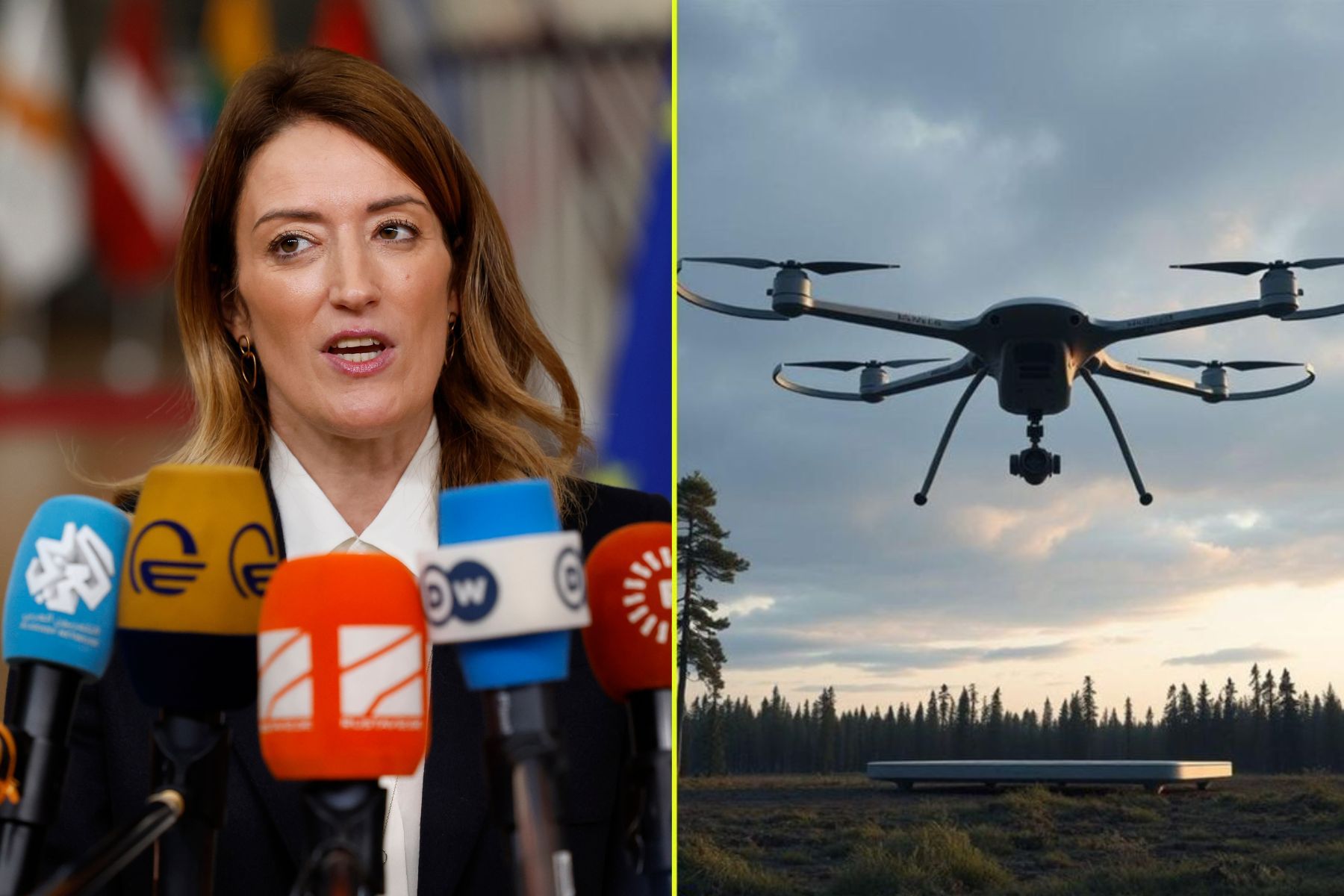 Roberta Metsola, ordförande för EU-parlamentet, vid sidan om impact-bolagets Stilfolds drönare. Foto: AP/TT + pressbild.
